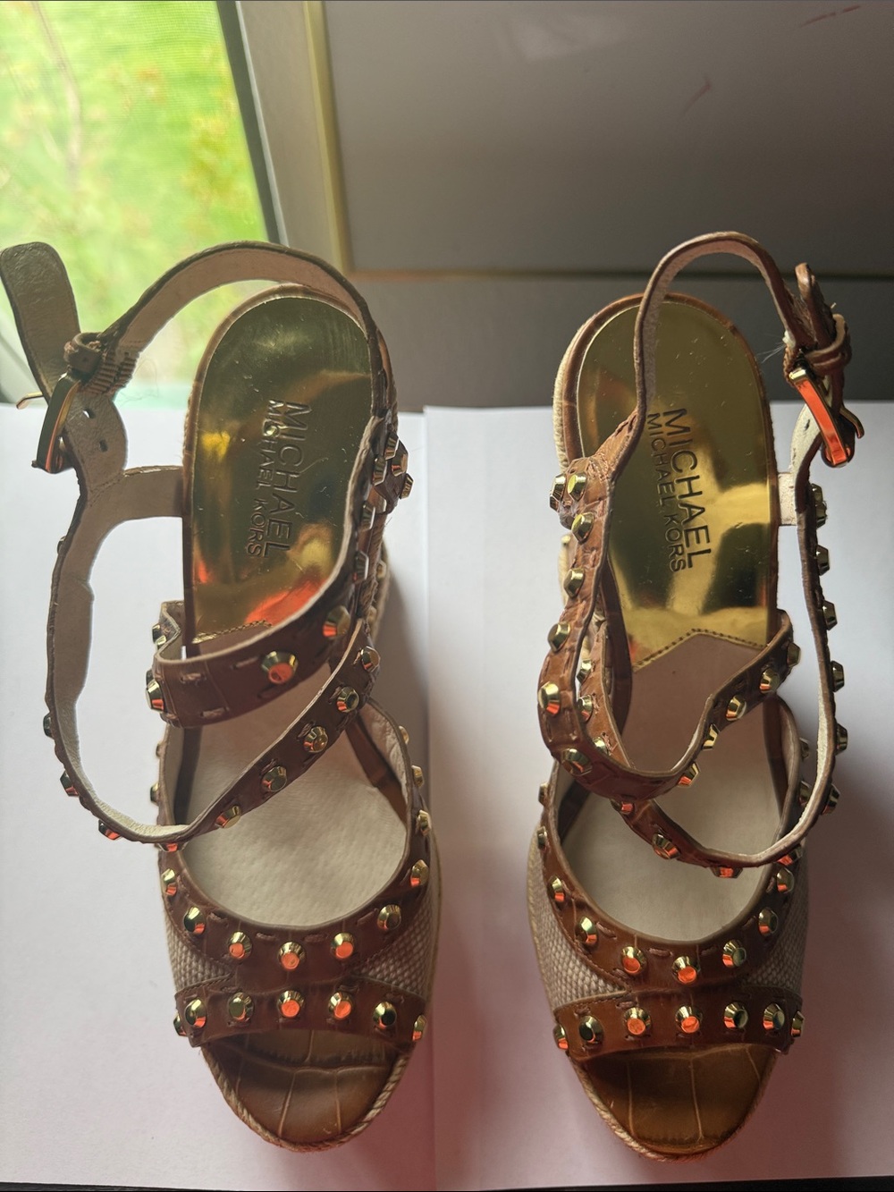 Michael Kors Brown Studded Wedge Espadrille Sandals - Picture 3 of 7